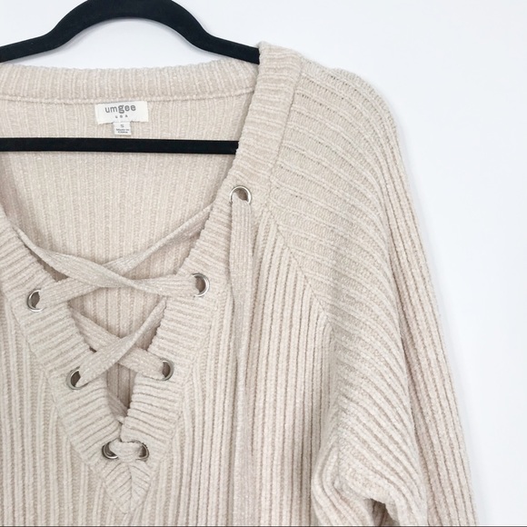 Umgee Chenille Lace Up Drawstring Sweater Cream S - Picture 4 of 10